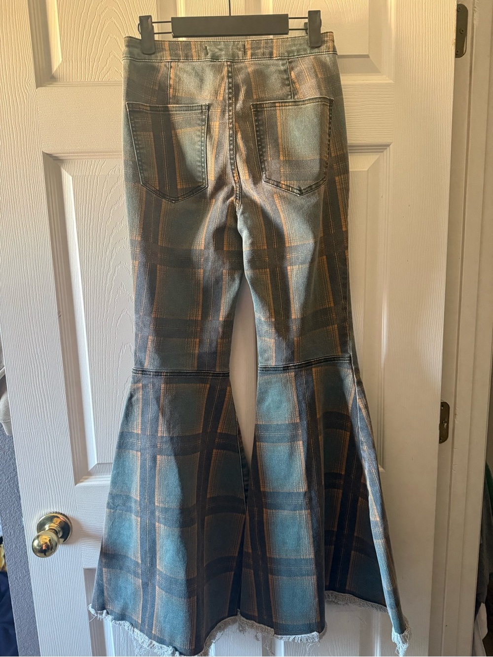 Free People Blue Plaid Wide Leg Flare Jeans - Picture 3 of 4